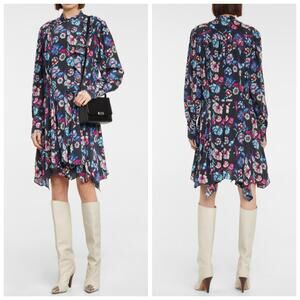 Isabel Marant Verikio Silk Floral Long Sleeve Ruffled Mini Dress Blue Purple 38